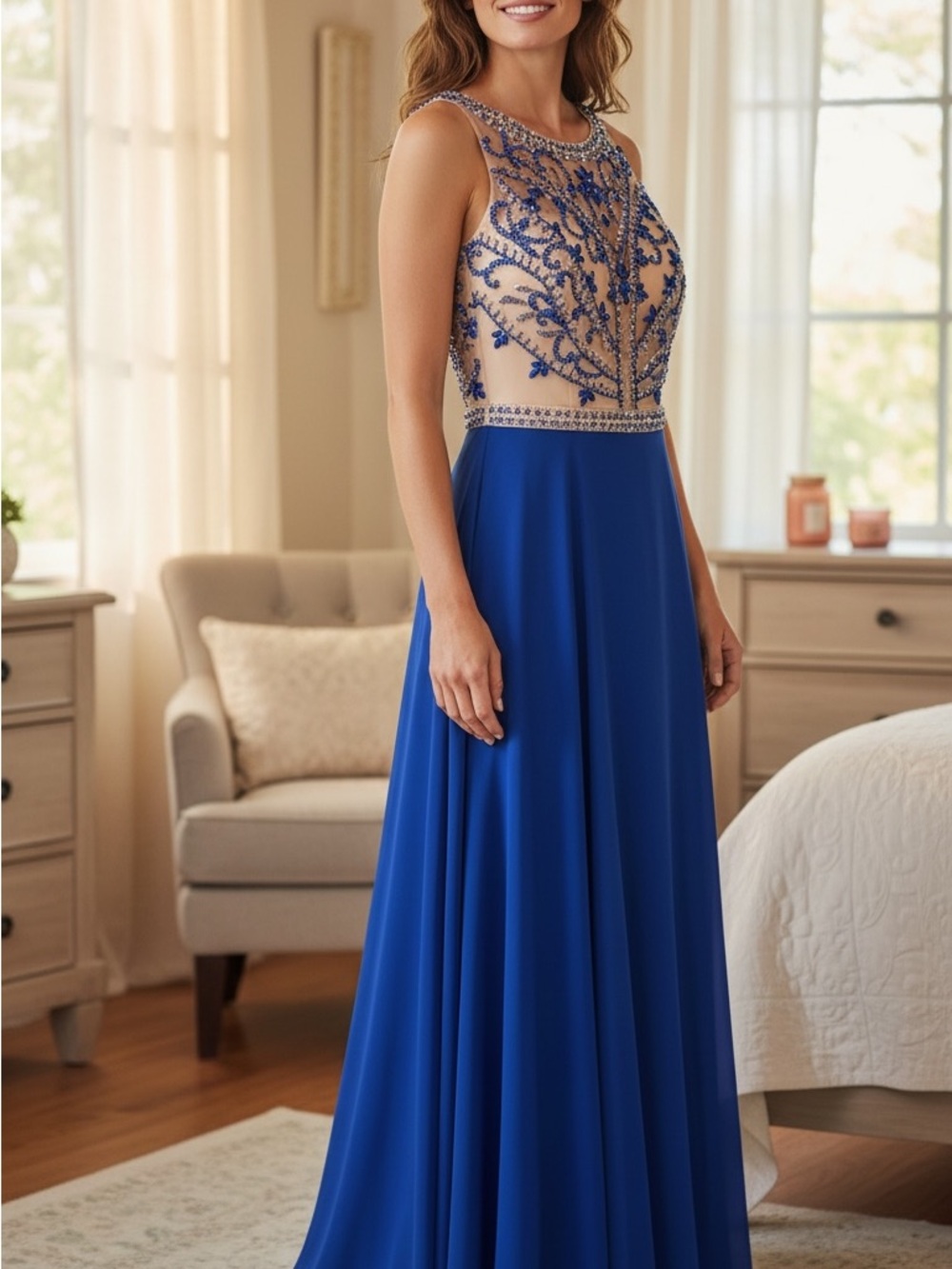 Dancing Queen Royal Blue Beaded Illusion Bodice Gown